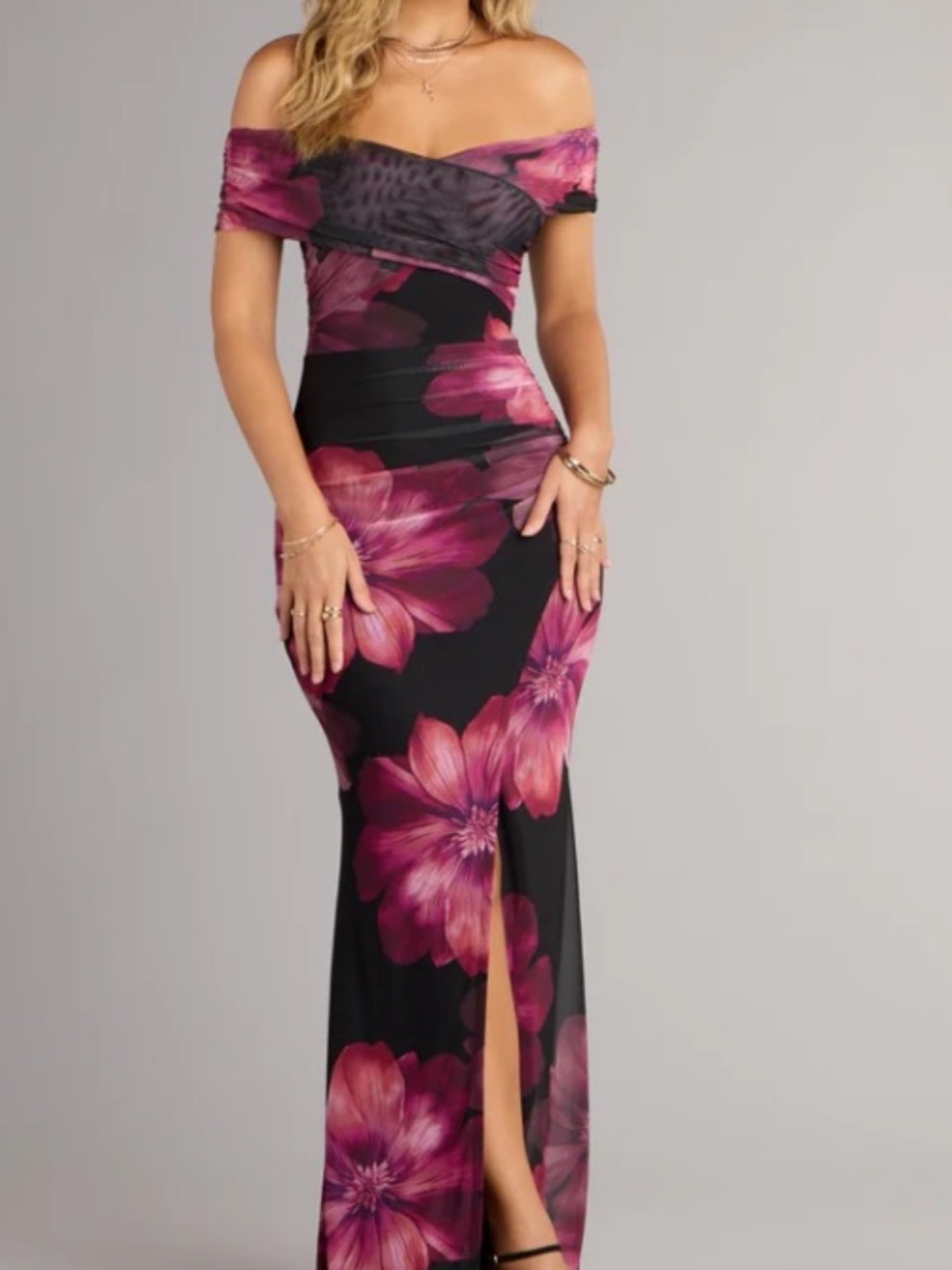 Windsor Black Off-Shoulder Maxi Dress with Fuchsia Floral Print